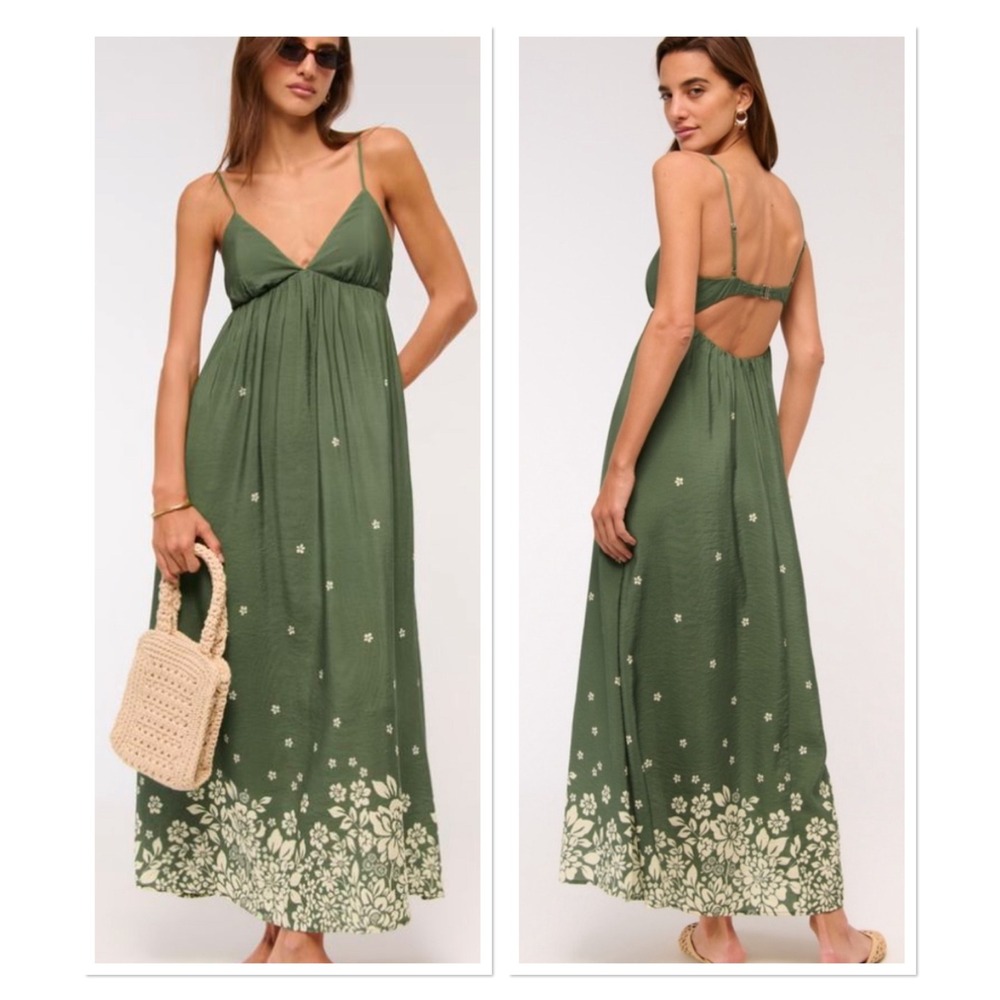 Abercrombie & Fitch Green Floral Flowy Maxi Dress Open Back Bohoโ Fairy Beach MT